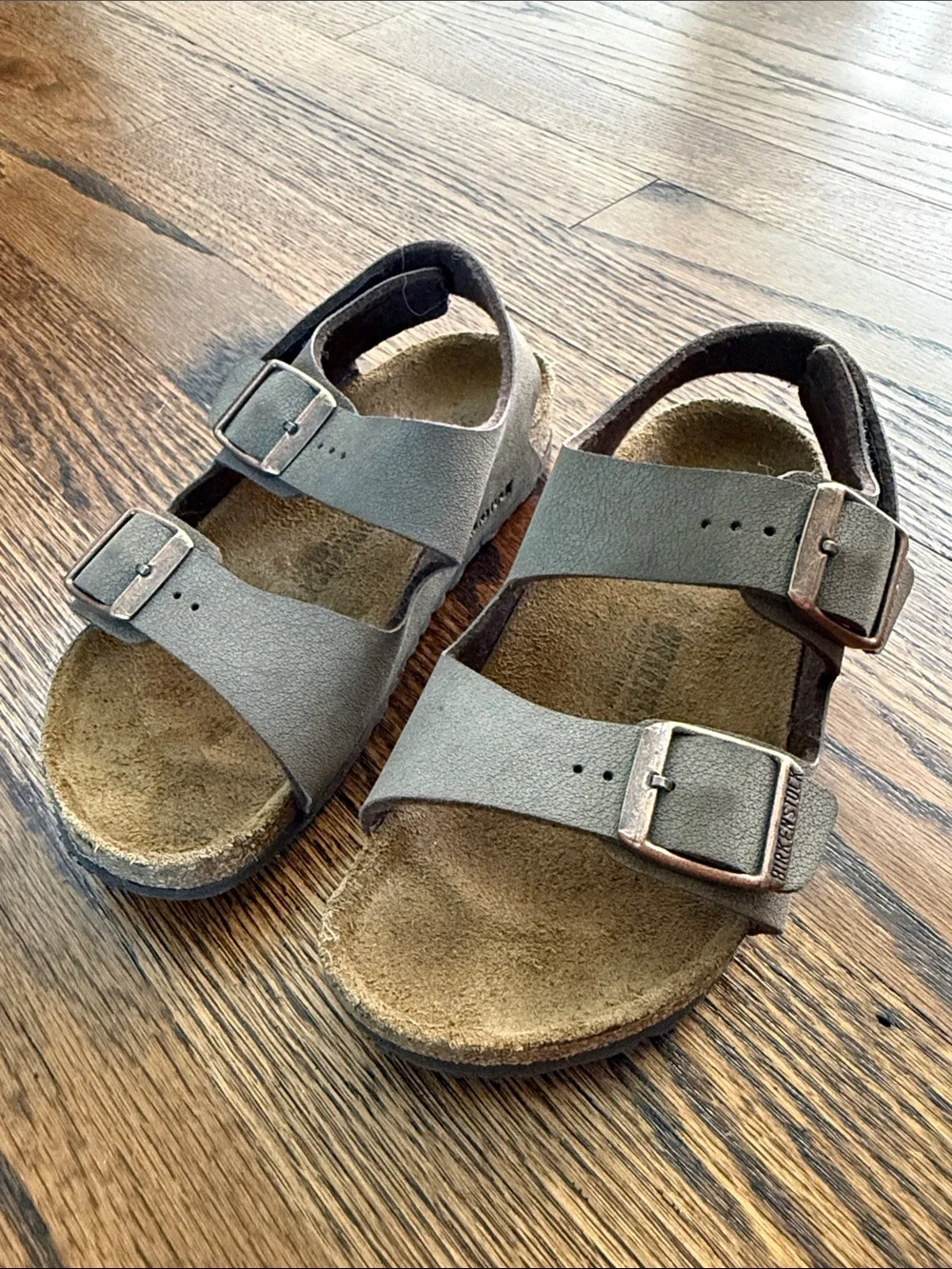 E Birkenstock Kids Double-Strap Taupe Sandals with Metal Buckles